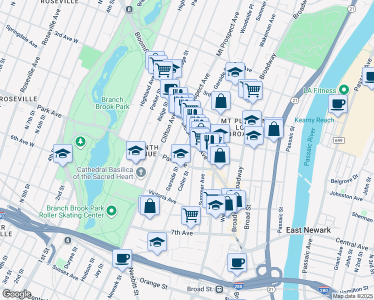 map of restaurants, bars, coffee shops, grocery stores, and more near 151 Garside Street in Newark