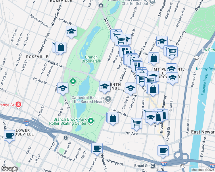 map of restaurants, bars, coffee shops, grocery stores, and more near 105 Park Avenue in Newark
