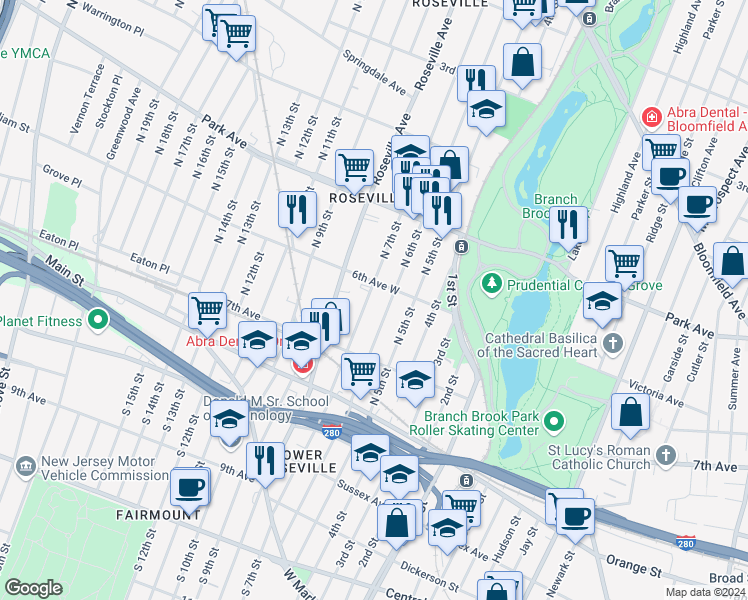 map of restaurants, bars, coffee shops, grocery stores, and more near 228 North 6th Street in Newark