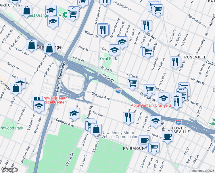 map of restaurants, bars, coffee shops, grocery stores, and more near 19 Freeway Drive East in East Orange