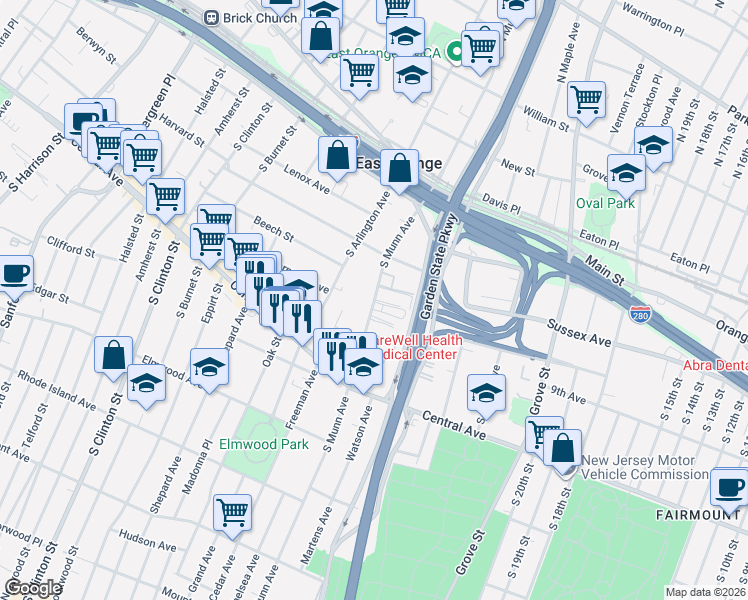 map of restaurants, bars, coffee shops, grocery stores, and more near 55-57 South Munn Avenue in East Orange
