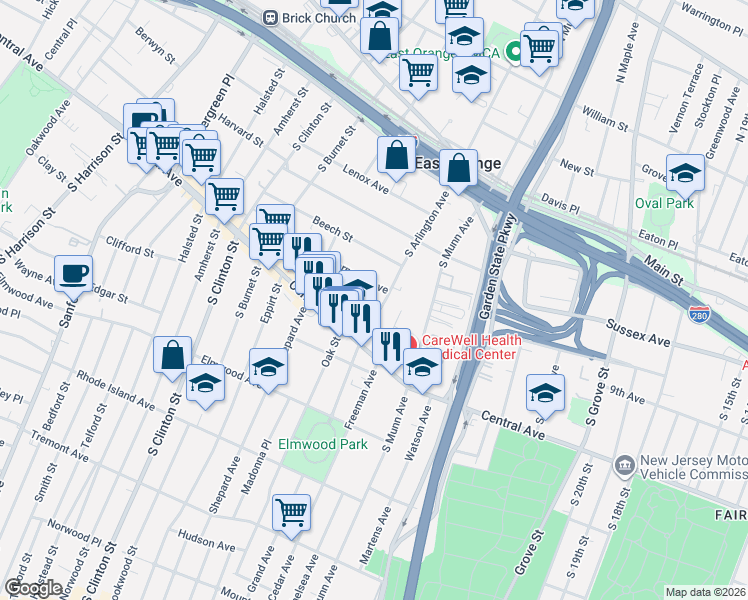 map of restaurants, bars, coffee shops, grocery stores, and more near 138 South Arlington Avenue in East Orange