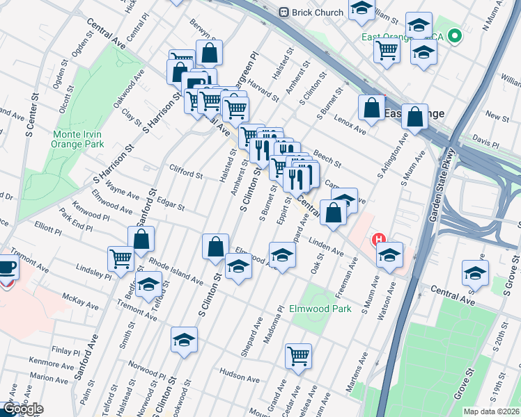 map of restaurants, bars, coffee shops, grocery stores, and more near 242 South Burnet Street in East Orange