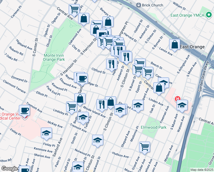 map of restaurants, bars, coffee shops, grocery stores, and more near 47 Irving Street in East Orange