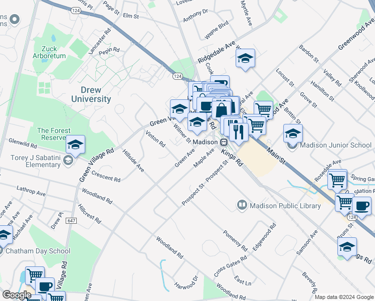 map of restaurants, bars, coffee shops, grocery stores, and more near 27 Green Avenue in Madison
