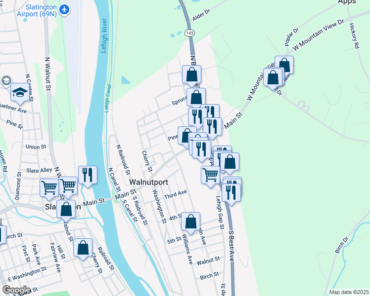 map of restaurants, bars, coffee shops, grocery stores, and more near 445 Main Street in Walnutport