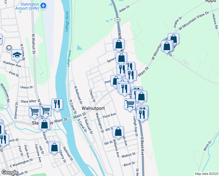 map of restaurants, bars, coffee shops, grocery stores, and more near 17 North Lincoln Avenue in Walnutport