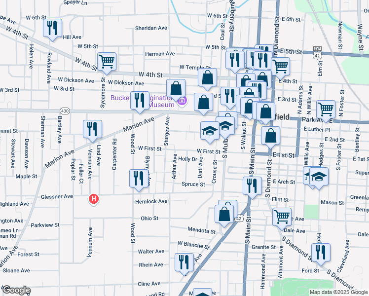 map of restaurants, bars, coffee shops, grocery stores, and more near 150 West First Street in Mansfield