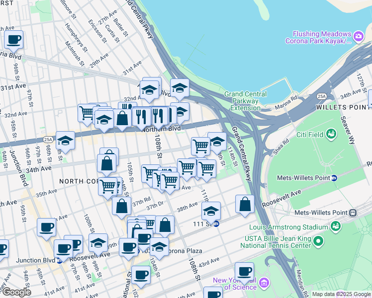 map of restaurants, bars, coffee shops, grocery stores, and more near 110-8 34th Avenue in Queens