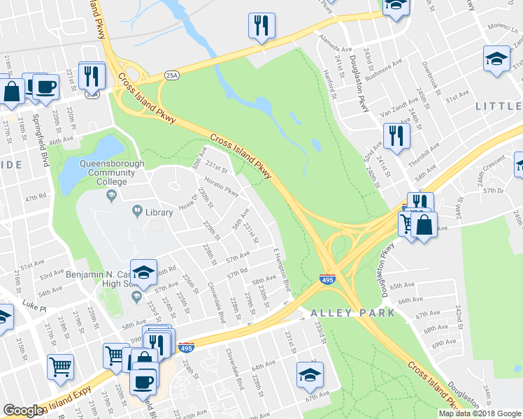 map of restaurants, bars, coffee shops, grocery stores, and more near 56-11 East Hampton Boulevard in Queens
