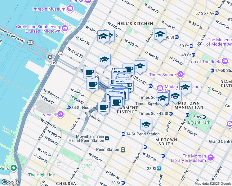 map of restaurants, bars, coffee shops, grocery stores, and more near 515 9th Avenue in New York