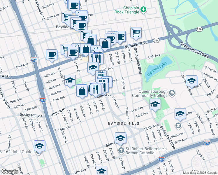 map of restaurants, bars, coffee shops, grocery stores, and more near 47-20 215th Street in Queens