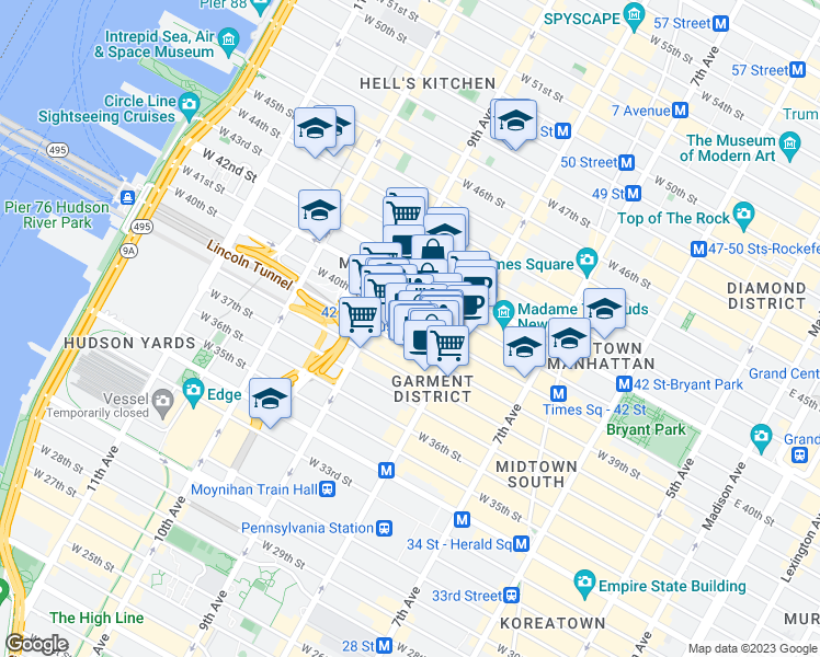map of restaurants, bars, coffee shops, grocery stores, and more near 330 West 40th Street in New York