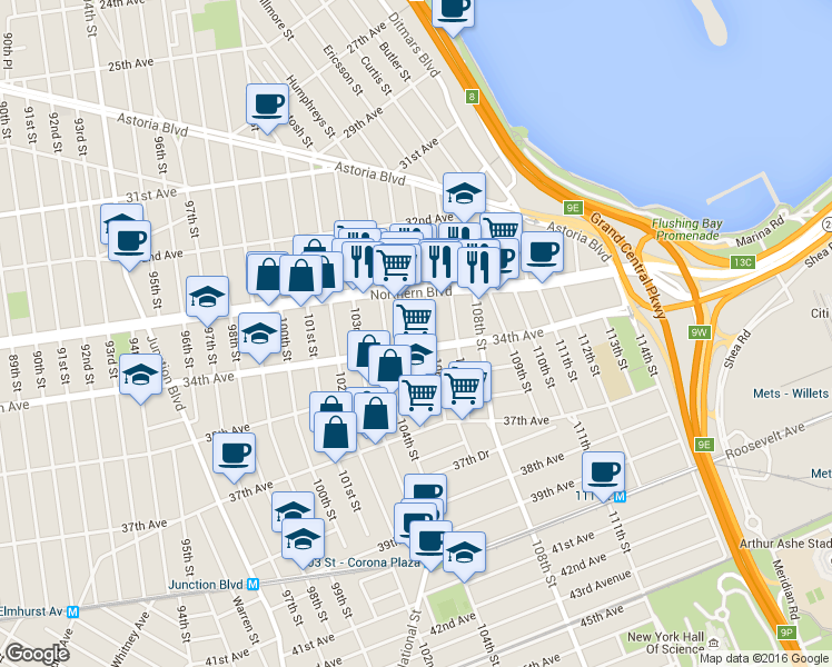 map of restaurants, bars, coffee shops, grocery stores, and more near 33-41 105th Street in Queens