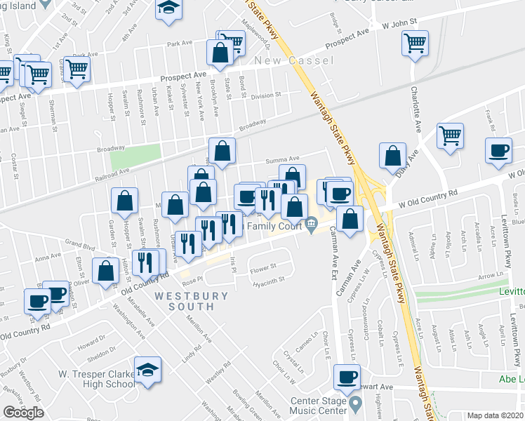 map of restaurants, bars, coffee shops, grocery stores, and more near 50 Bond Street in Westbury