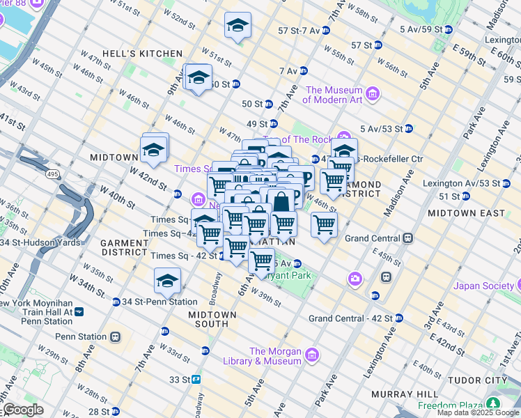 map of restaurants, bars, coffee shops, grocery stores, and more near 130 West 44th Street in New York