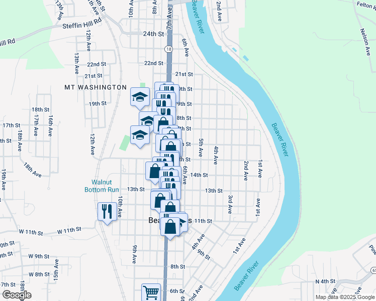 map of restaurants, bars, coffee shops, grocery stores, and more near 1518 6th Avenue in Beaver Falls