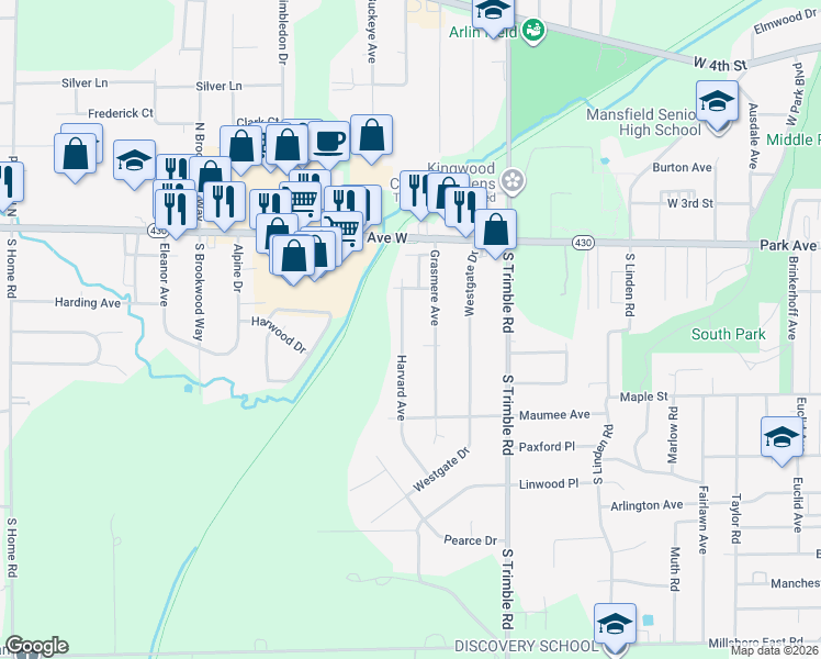 map of restaurants, bars, coffee shops, grocery stores, and more near 93 Harvard Ave in Mansfield