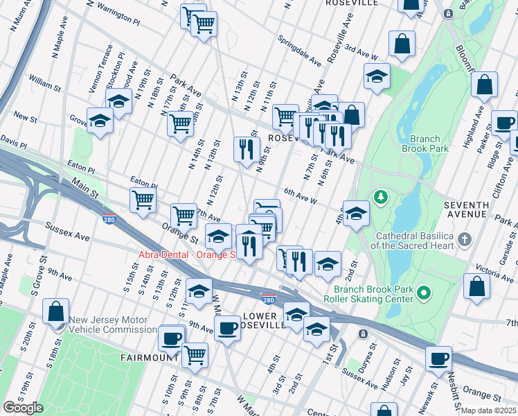map of restaurants, bars, coffee shops, grocery stores, and more near 166 Roseville Avenue in Newark