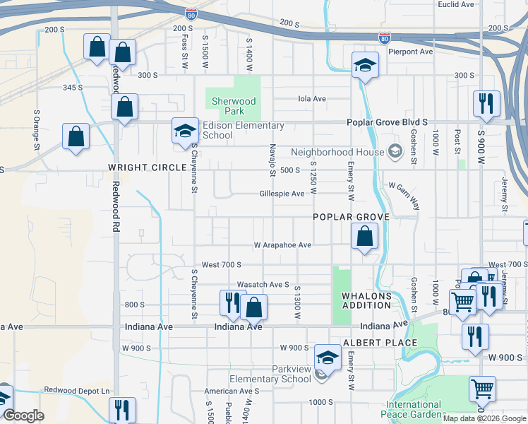 map of restaurants, bars, coffee shops, grocery stores, and more near 1364 West 600 South in Salt Lake City