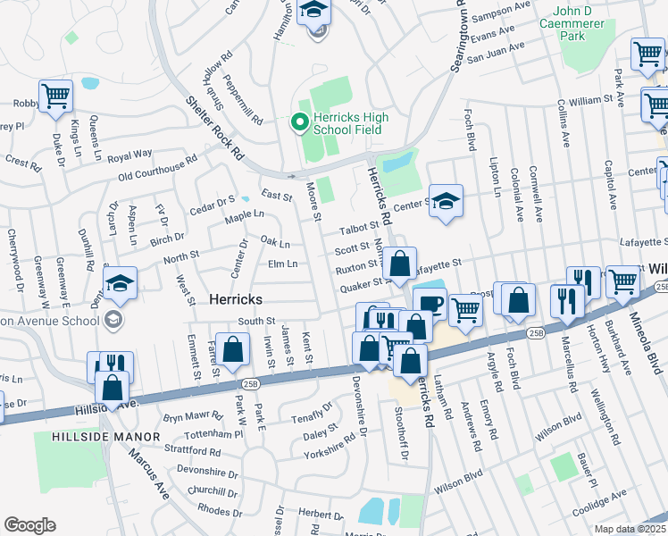 map of restaurants, bars, coffee shops, grocery stores, and more near 92 Moore Street in New Hyde Park