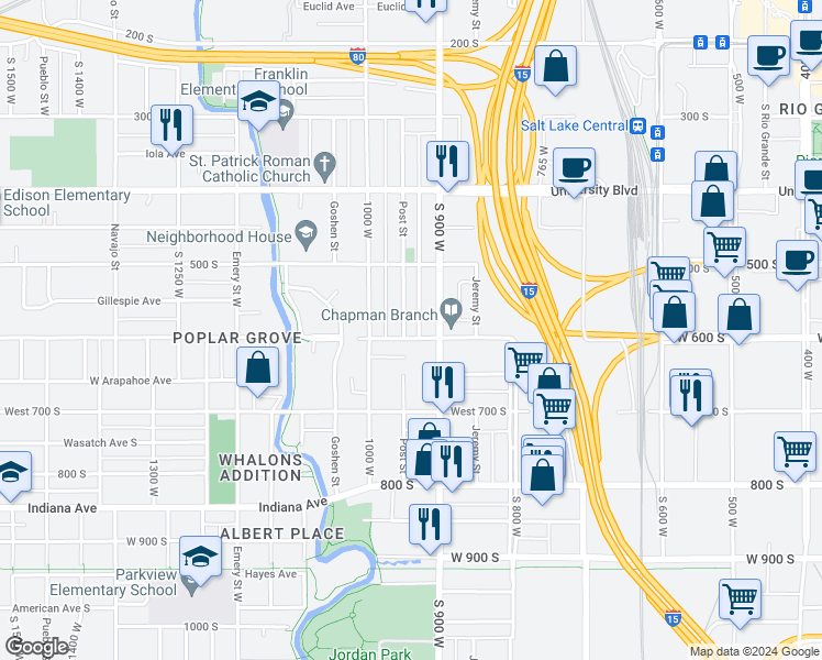 map of restaurants, bars, coffee shops, grocery stores, and more near 930 West 600 South in Salt Lake City