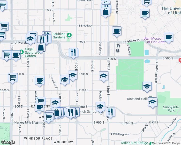map of restaurants, bars, coffee shops, grocery stores, and more near 1203 East 600 South in Salt Lake City