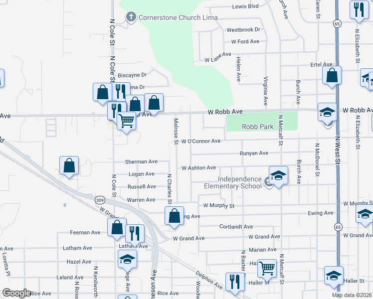 map of restaurants, bars, coffee shops, grocery stores, and more near 1225 Northwold St in Lima