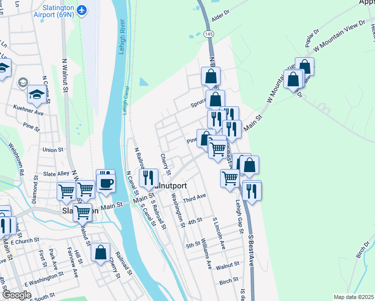 map of restaurants, bars, coffee shops, grocery stores, and more near 17 North Lincoln Avenue in Walnutport