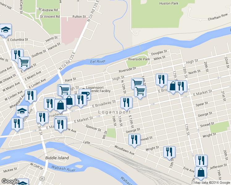 map of restaurants, bars, coffee shops, grocery stores, and more near 1101 North 3rd Street in Logansport