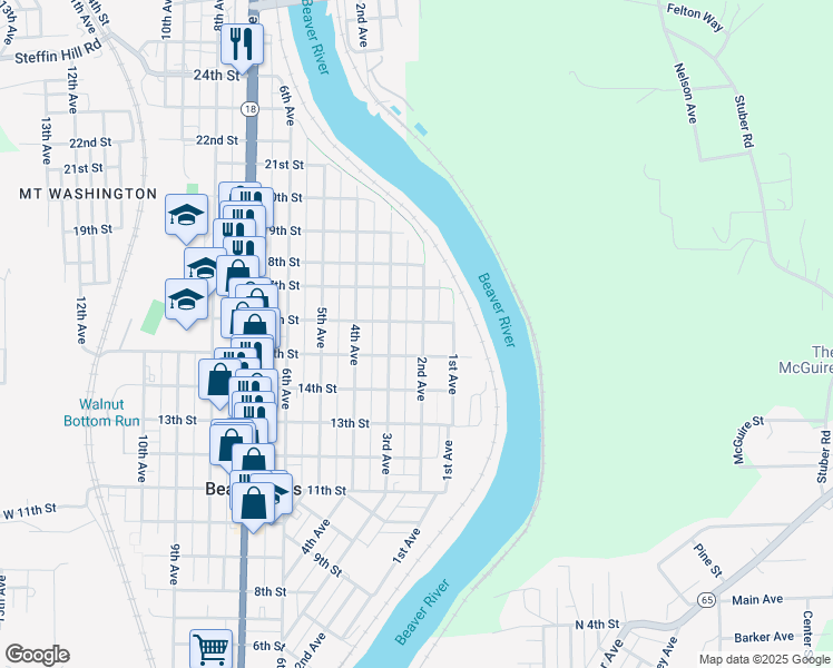 map of restaurants, bars, coffee shops, grocery stores, and more near 1519 2nd Avenue in Beaver Falls