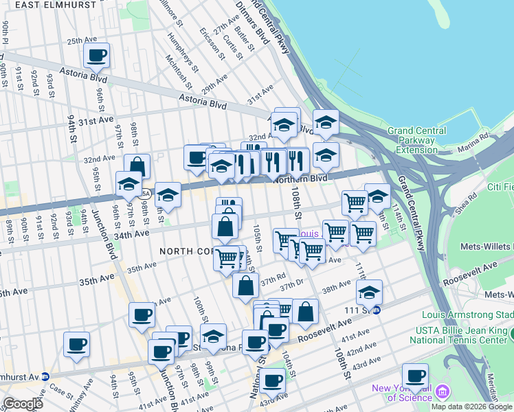 map of restaurants, bars, coffee shops, grocery stores, and more near 33-41 105th Street in Queens