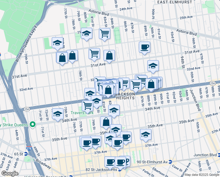 map of restaurants, bars, coffee shops, grocery stores, and more near 32-41 82nd Street in Queens