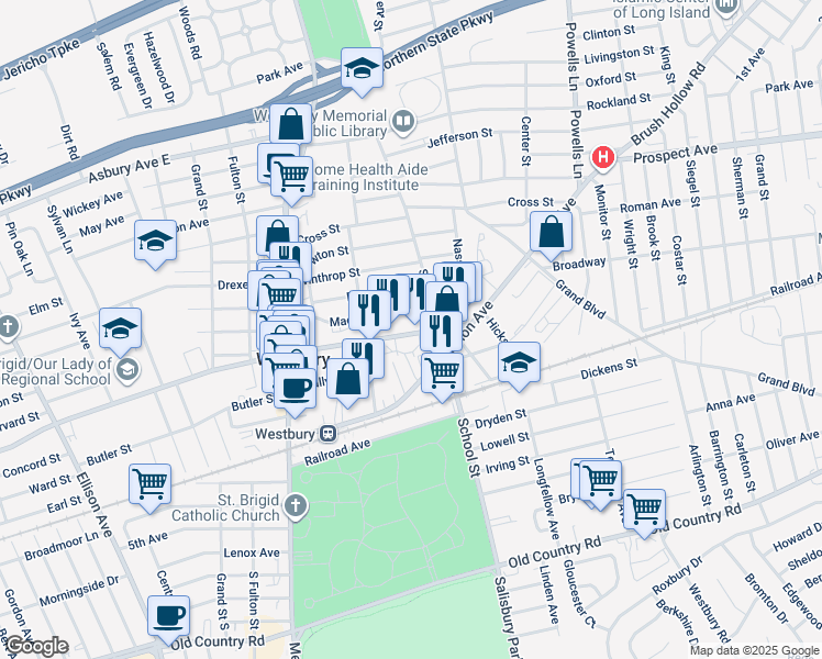 map of restaurants, bars, coffee shops, grocery stores, and more near 461 Maple Avenue in Westbury