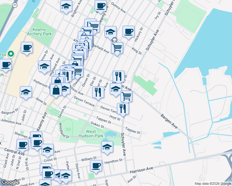 map of restaurants, bars, coffee shops, grocery stores, and more near 41 Ivy Street in Kearny