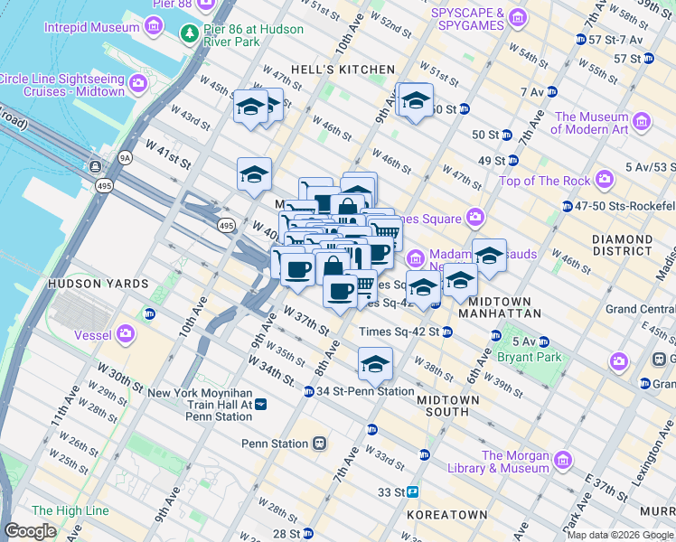 map of restaurants, bars, coffee shops, grocery stores, and more near West 40th Street in New York