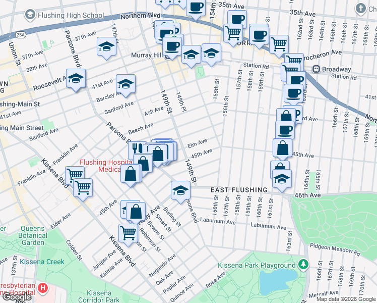 map of restaurants, bars, coffee shops, grocery stores, and more near 43-58 149th Street in Queens
