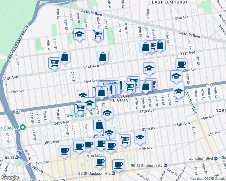 map of restaurants, bars, coffee shops, grocery stores, and more near 32-46 84th Street in Queens