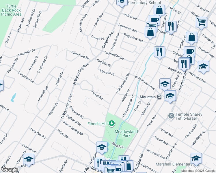 map of restaurants, bars, coffee shops, grocery stores, and more near 17 Glenside Road in South Orange