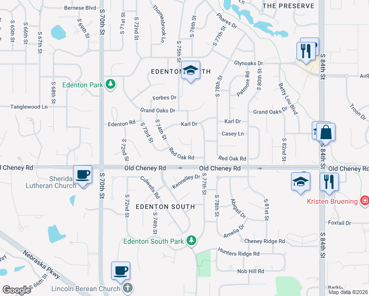 map of restaurants, bars, coffee shops, grocery stores, and more near 7543 Red Oak Court in Lincoln