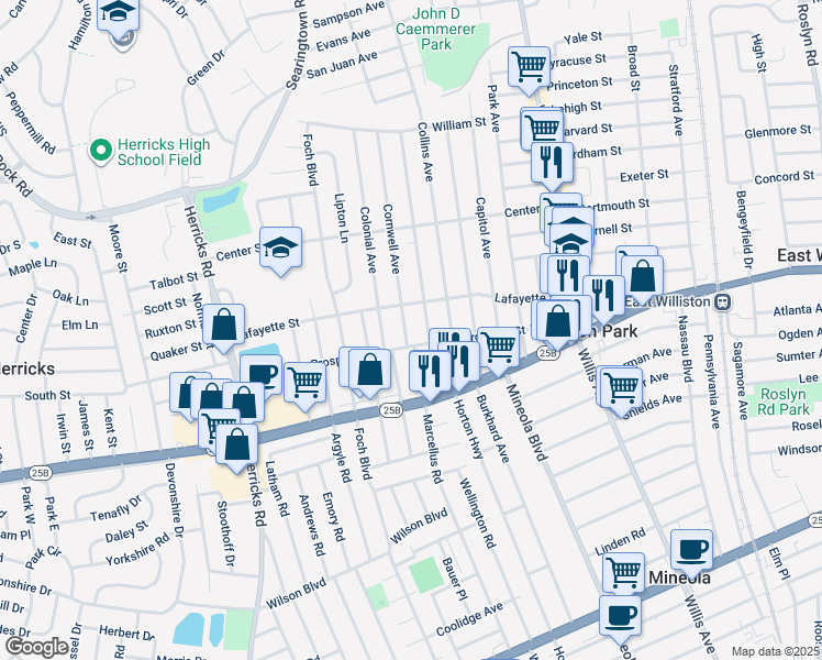 map of restaurants, bars, coffee shops, grocery stores, and more near 75 Cornwell Avenue in Williston Park