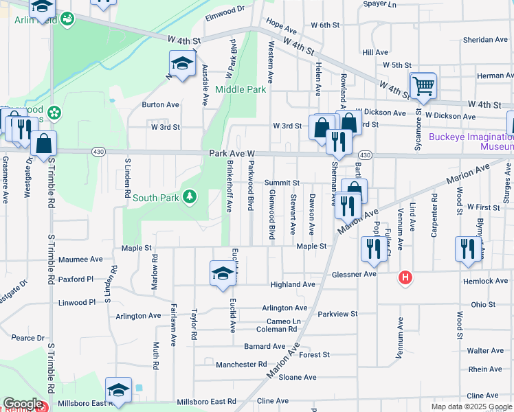 map of restaurants, bars, coffee shops, grocery stores, and more near 87 Parkwood Boulevard in Mansfield
