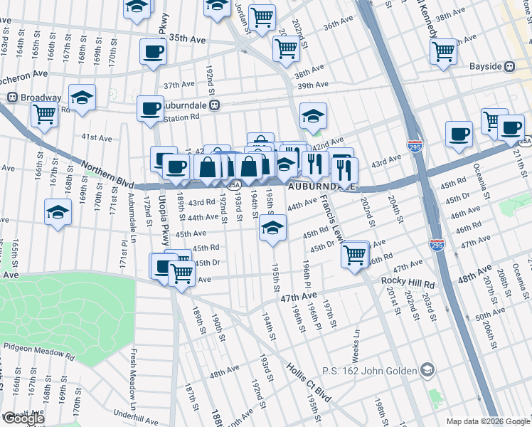 map of restaurants, bars, coffee shops, grocery stores, and more near 43-48 195th Street in Queens