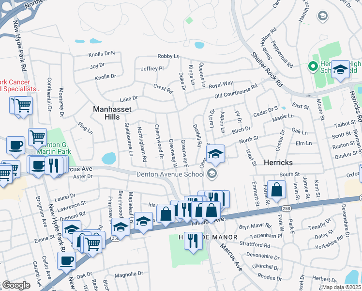 map of restaurants, bars, coffee shops, grocery stores, and more near 93 Greenway East in New Hyde Park