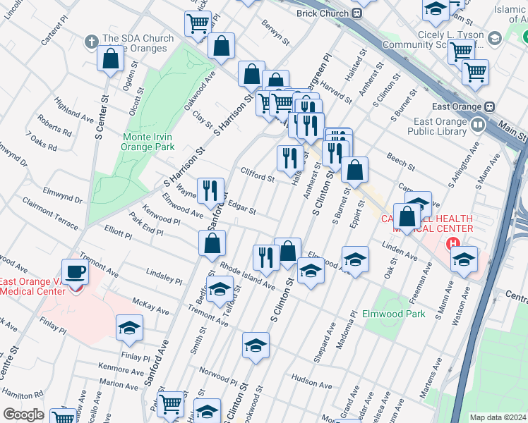 map of restaurants, bars, coffee shops, grocery stores, and more near 47 Irving Street in East Orange