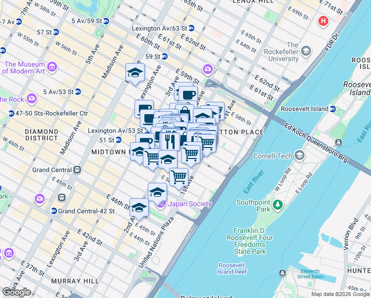 map of restaurants, bars, coffee shops, grocery stores, and more near 313 East 53rd Street in New York