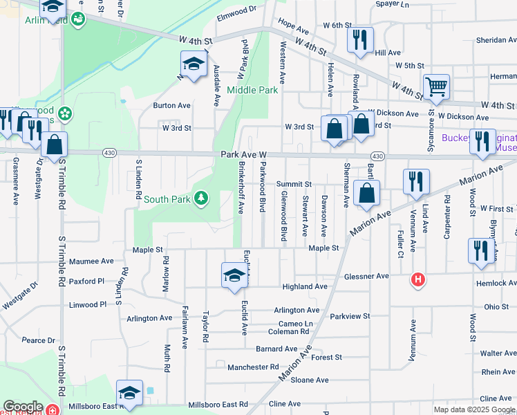 map of restaurants, bars, coffee shops, grocery stores, and more near 86 Parkwood Boulevard in Mansfield