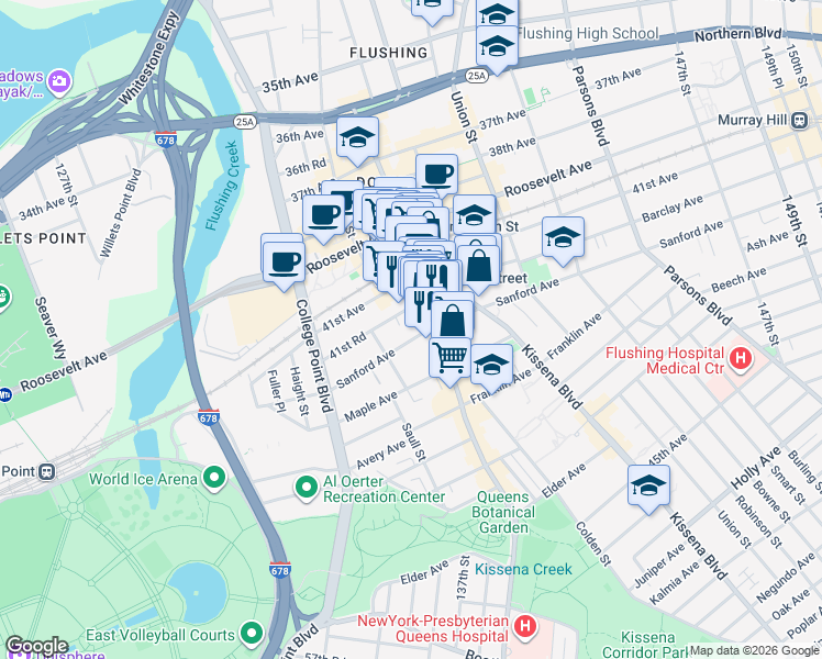 map of restaurants, bars, coffee shops, grocery stores, and more near 136-31 41st Avenue in Queens