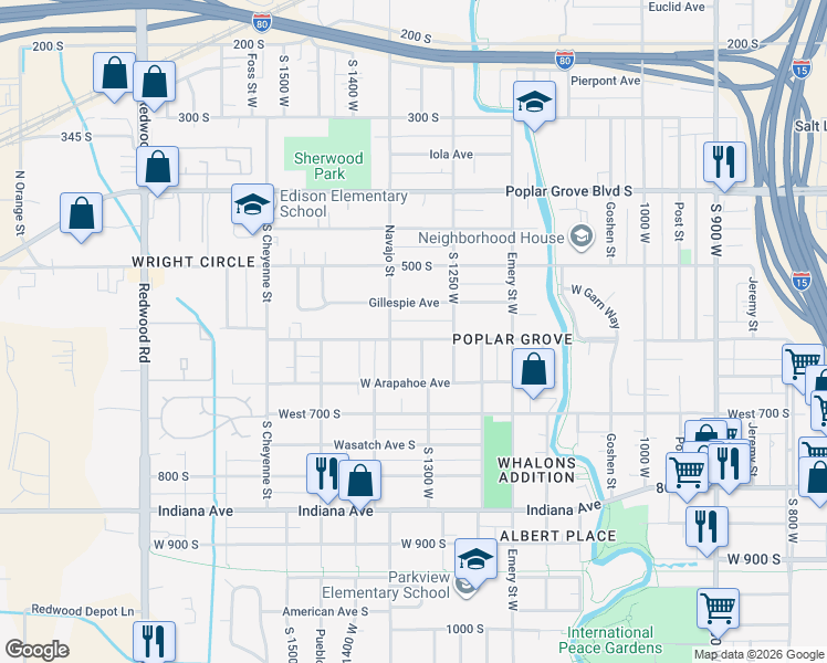 map of restaurants, bars, coffee shops, grocery stores, and more near 1312 West 600 South in Salt Lake City
