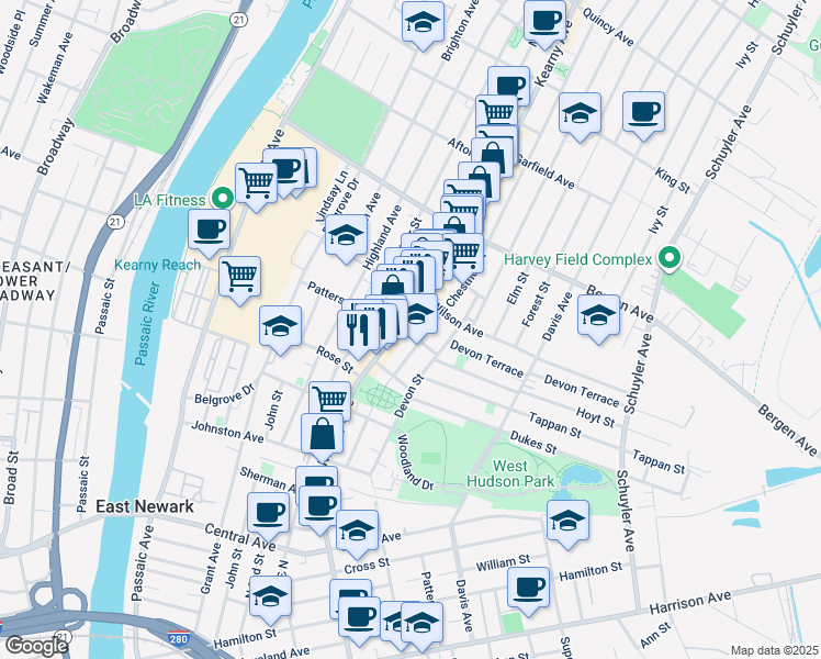 map of restaurants, bars, coffee shops, grocery stores, and more near 138 Kearny Avenue in Kearny